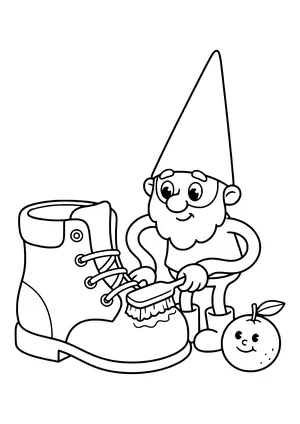 A little elf polishes a big child's boot with a tiny brush, with a smiling tangerine beside it – coloring page for the St. Nicholas Day elf idea.