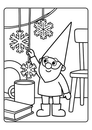 Elf prank idea paper snowflakes: the little elf hangs cut-out paper snowflakes on threads – coloring page