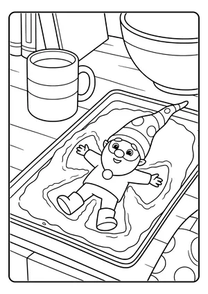 Elf prank idea powdered sugar snow angel: the little elf lies on a baking sheet in powdered sugar and makes a snow angel – coloring page