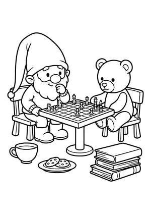 A little elf sits across from a teddy bear at a chessboard, both pondering their next move – coloring page for the Chess with Teddy elf idea.