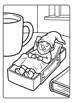 A little elf lies asleep in a matchbox covered with a tissue blanket – coloring page for the Sleeping in a Matchbox elf idea.