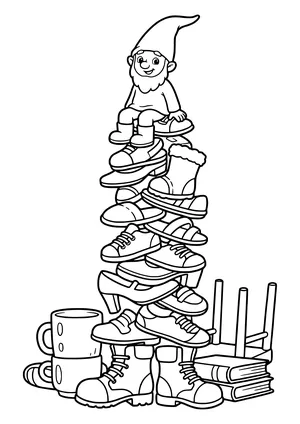 Elf prank idea shoe tower: the little elf stacked all the family’s shoes into a tall wobbly tower and sits on top – coloring page