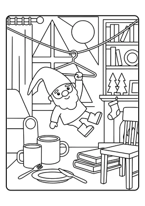 Elf prank idea zipline across the room: the little elf zips along a string stretched across the living room using a hanger like a cable car – coloring page
