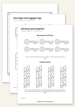 Printable elf arrival set with welcome letter, door sign, tiny key and footprint stencil