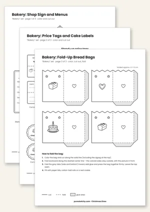 Printable elf bakery set with shop sign, menu, price tags, cake labels and a bread bag to fold