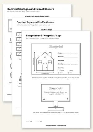 Printable elf construction site with signs, barrier tape, traffic cones, building plan and helmet stickers