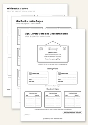 Printable elf library with mini books to fold, library cards and an opening-hours sign