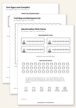 Printable elf camping set with campsite signs, stand-up campfire, hiking map and skewer cards