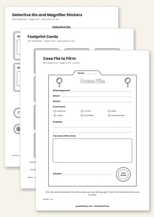 Printable elf detective set with detective IDs, magnifying glass stickers, track cards and case file