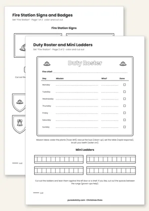 Printable elf fire station with station signs, badges, duty chart and mini ladders