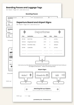 Printable elf airport with boarding passes, luggage tags and a departure board
