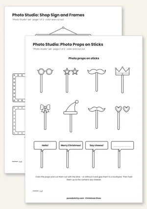 Printable elf photo studio with shop sign, mini photo frames and photo props on sticks