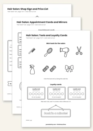 Printable elf hair salon with shop sign, price list, appointment cards, mini mirror and tools