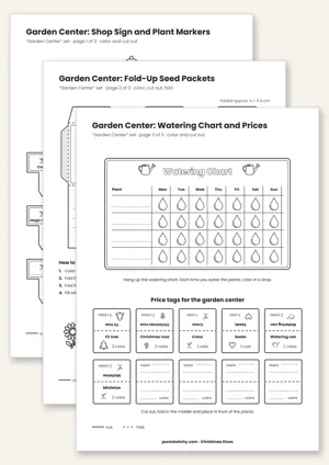 Printable elf garden center with plant markers, seed packets, watering chart, price tags and shop sign