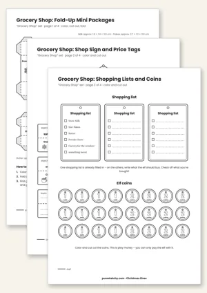 Printable elf grocery shop with mini boxes to fold, price tags, shopping lists, play money and receipts