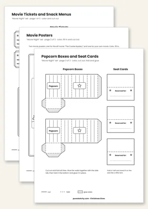 Printable elf movie night with tickets, snack cards, movie poster, folding popcorn boxes and seat cards