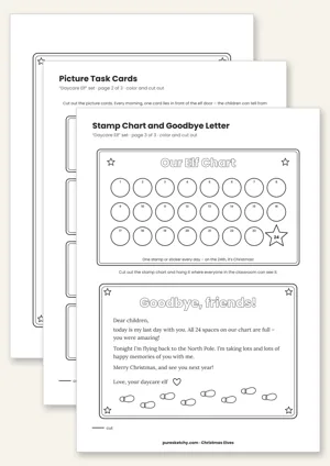 Printable daycare elf with welcome letter, picture task cards and a 24-box stamp card