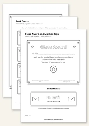 Printable class elf with welcome letter, task cards, class certificate and elf mail mailbox