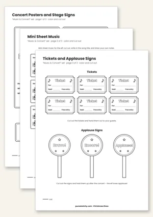 Printable elf concert with poster, mini sheet music, tickets and applause signs