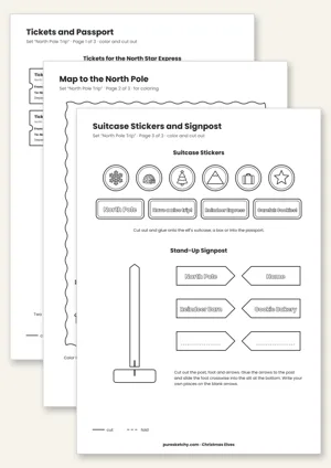 Printable North Pole trip set with tickets, passport, map, suitcase stickers and signposts