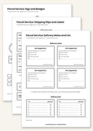 Printable elf parcel service with shipping slips, package labels, delivery notes, badges and package tape