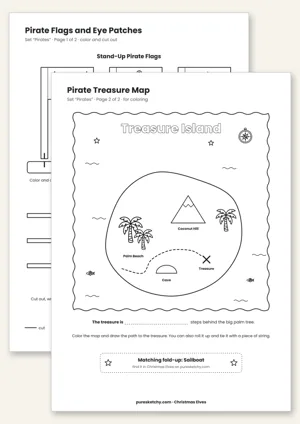 Printable elf pirate set with pirate flags, elf-sized eye patches and a treasure island map