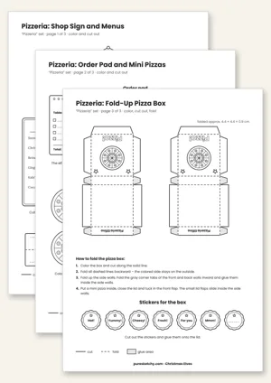 Printable elf pizzeria with shop sign, menu, order pad, mini pizzas and a pizza box to fold