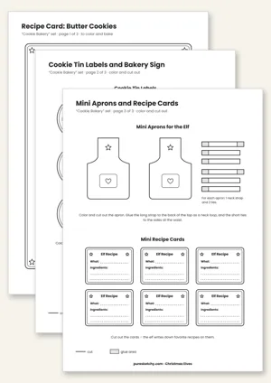 Printable elf cookie bakery with butter cookie recipe card, tin labels, mini apron and bakery sign