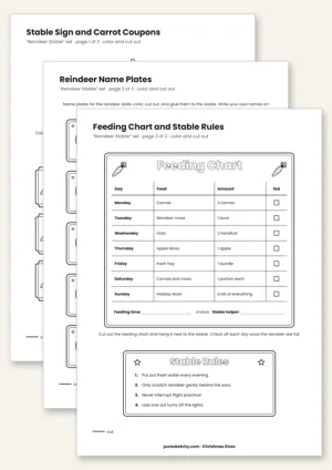 Printable elf reindeer stable with stable sign, carrot vouchers, name tags and feeding chart
