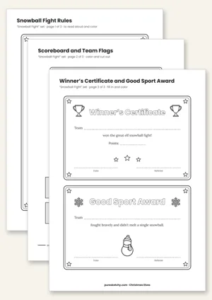 Printable elf snowball fight with game rules, scoreboard, team flags and winner certificate
