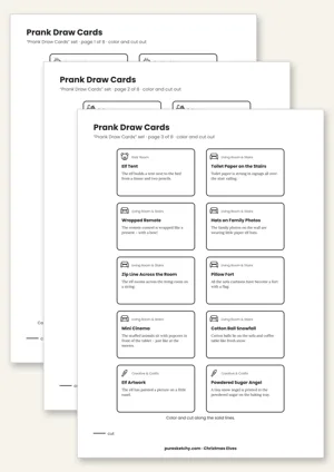 Printable elf prank idea cards with a fold-up draw box, ready to color and cut out