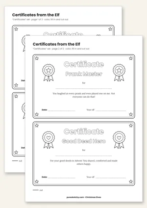 Printable elf certificates: Best Helper, Elf Friend, Prank Master and Good Deed Hero to color