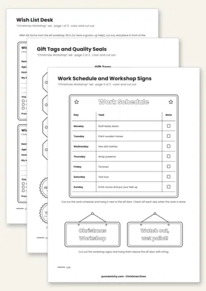 Printable elf Christmas workshop with wish list forms, gift tags, quality seals and work plan
