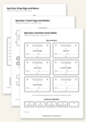 Printable elf spa day with spa menu, towel labels, cucumber masks and vouchers