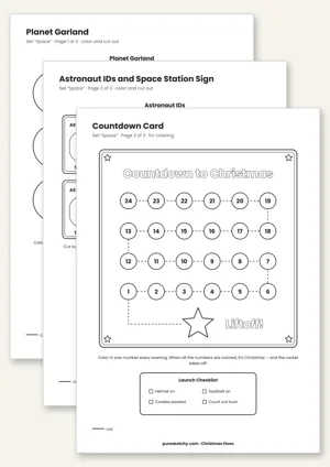 Printable elf space set with planet garland, astronaut IDs, space station sign and countdown card