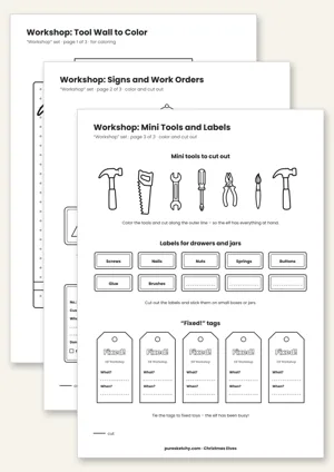 Printable elf workshop with tool wall, work orders, warning signs, mini tools and Repaired tags