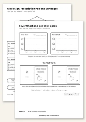 Printable elf doctor set with clinic sign, prescription pad, bandages, fever chart and get-well card