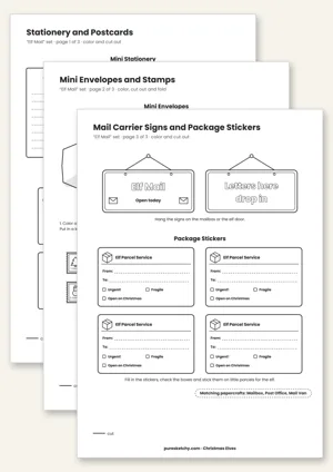 Printable elf mail set with mini stationery, envelopes, stamps, postcard and parcel stickers