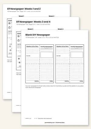 Printable elf newspaper with folding mini editions, news, a joke and North Pole weather