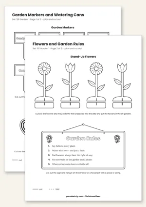Printable elf garden with bed signs, watering cans, stand-up flowers and garden rules