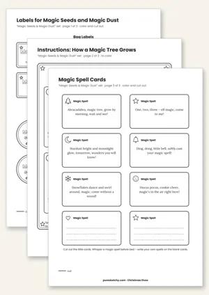 Printable magic seeds and magic dust labels with a magic tree guide and spell cards for the elf