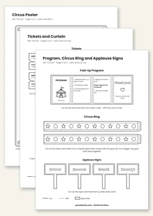 Printable elf circus with poster, tickets, ring, curtain and fold-up program