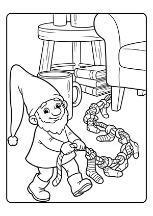 Der Wichtel zieht an einer langen Kette aus verknoteten Socken, die quer durch den Raum liegt – Ausmalbild zum Wichtelstreich Sockenkette.