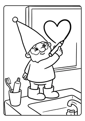 Elf prank idea message on the mirror: the little elf stands on the sink and writes a big heart message on the bathroom mirror with a thick pen – coloring page