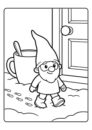 A little elf leaves a trail of tiny footprints in the snow in front of the front door – coloring page for the Tracks in the Snow elf idea.