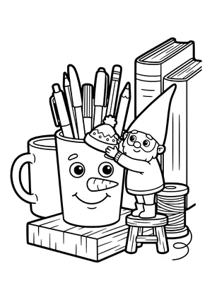 A little elf puts all the pencils in a cup with a snowman face and places a hat on it – coloring page for the Pencils in a Snowman Cup elf idea.