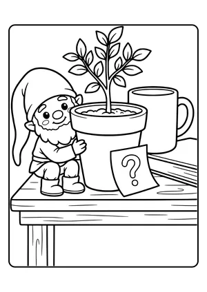 A little elf hides behind a flowerpot and a riddle note with a question mark shows the way – coloring page for the Hide and Seek Riddle elf idea.