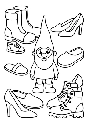 Der Wichtel hat die Familienschuhe vertauscht, große Schuhe stehen neben kleinen – Ausmalbild zum Wichtelstreich Vertauschte Schuhe.