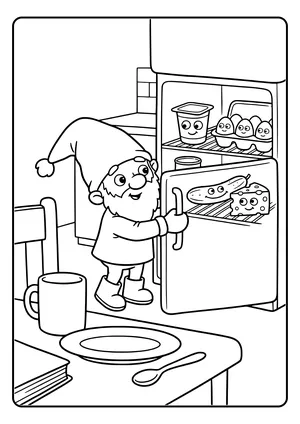 Elf prank idea googly eyes in the fridge: the little elf stands in front of yogurt, eggs, a cucumber and cheese that all have googly eyes and smile – coloring page