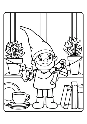 Elf prank idea tiny washing line: the little elf hangs tiny socks and hats on a string between two flower pots on the windowsill – coloring page